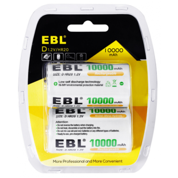 EBL D Battery D Size Rechargeable Batteries 10,000mAh Ni-MH, Pack of 6 -  ProCyco Technology