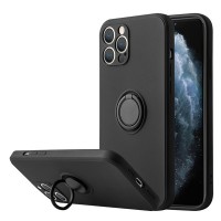 For iPhone - Liquid Silicone ShockProof Phone Covers Case with Ring Stand Holder Protective Case Black / Pink (SLC)