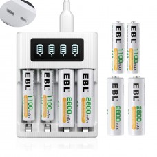 EBL EB-64091222 LCD Battery Charger With Type C and Micro USB input and 4Pcs AAA 1100mah and 4pcs AA 2800mah Combo [I]