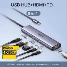 UGREEN 6-in-1 USB C Hub 10Gbps 4K HDMI 100W PD MacBook iPad Steam Deck Rog Ally Grey