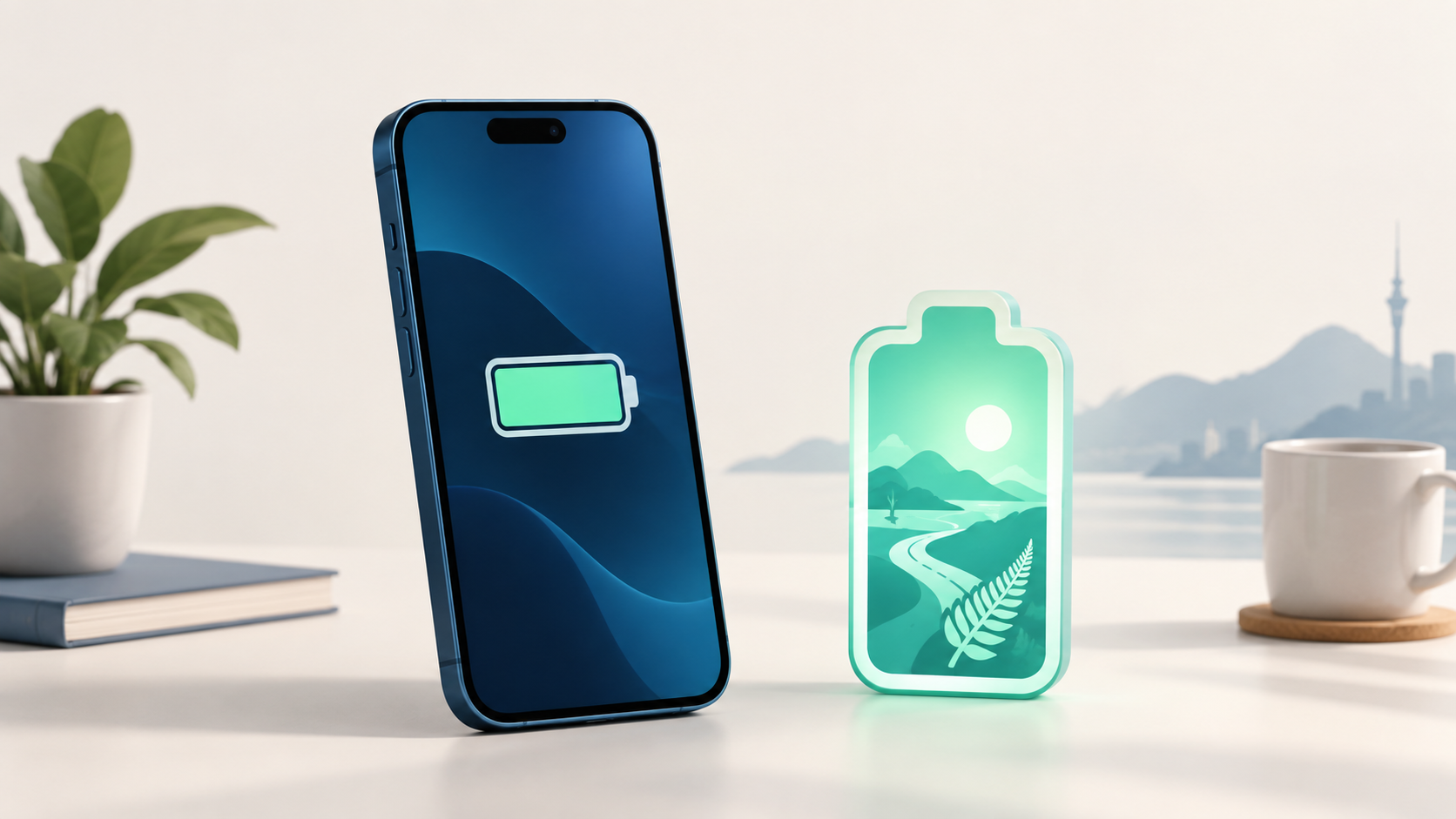 Conceptual illustration of a smartphone and battery symbol representing the choice to keep using a phone.