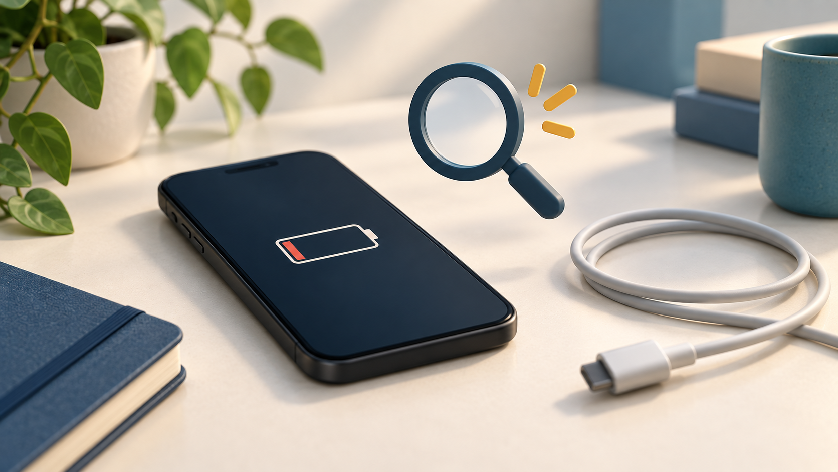 AI concept illustration of a smartphone with a low-battery symbol, a disconnected cable and a magnifying glass.
