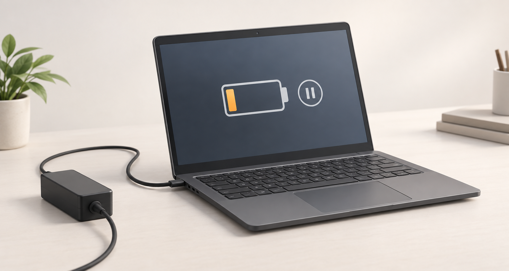 Concept illustration of a laptop connected to a charger with a paused battery symbol on screen.