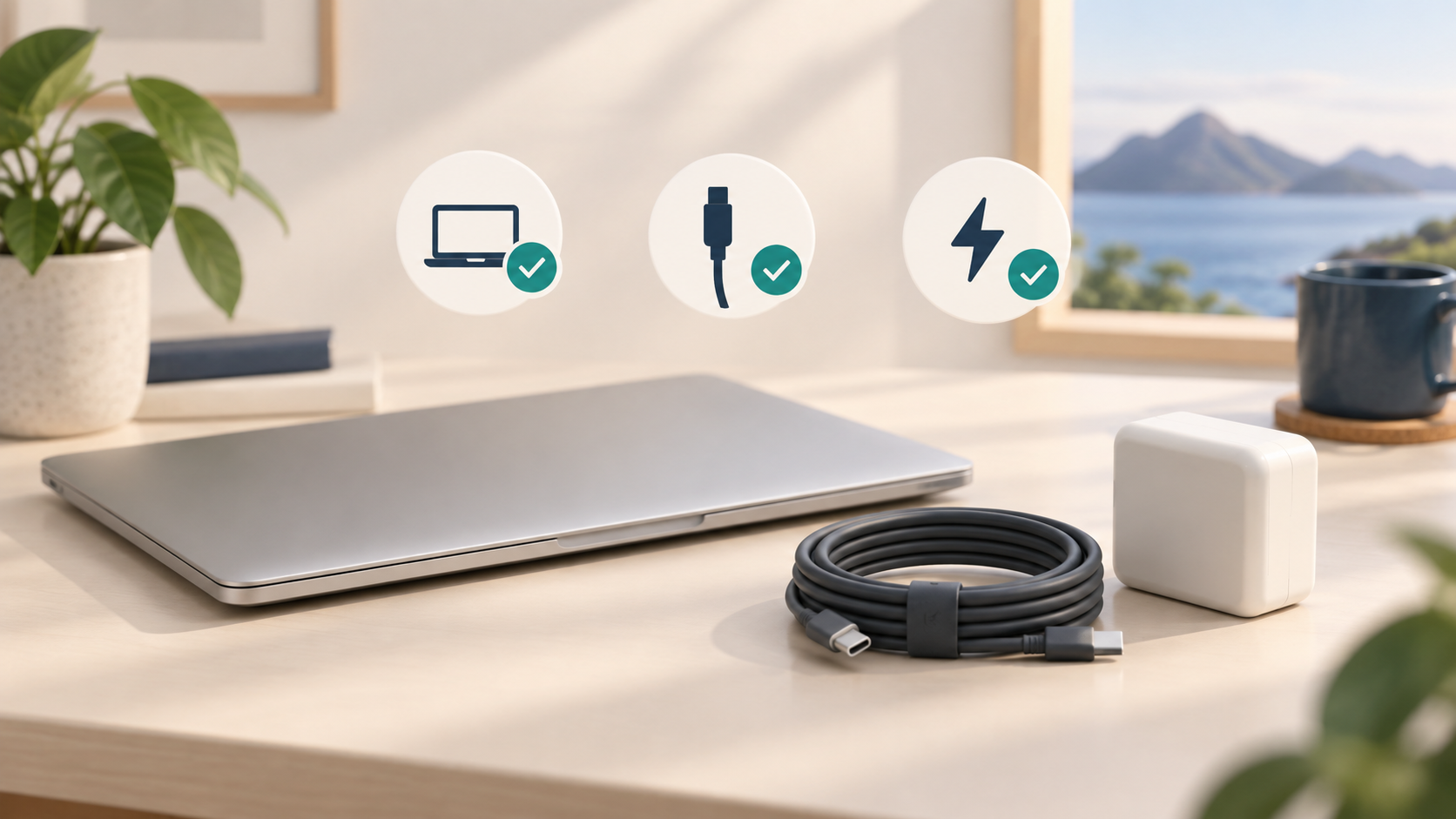 AI concept illustration of a laptop, power adaptor and cable with model, connection and power check symbols.